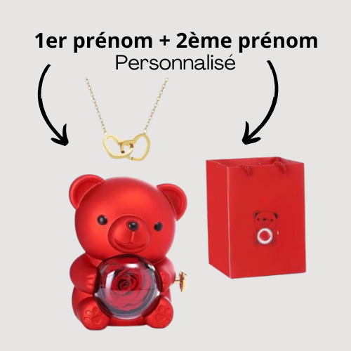 Coffret ourson avec rose éternelle et collier personnalisé